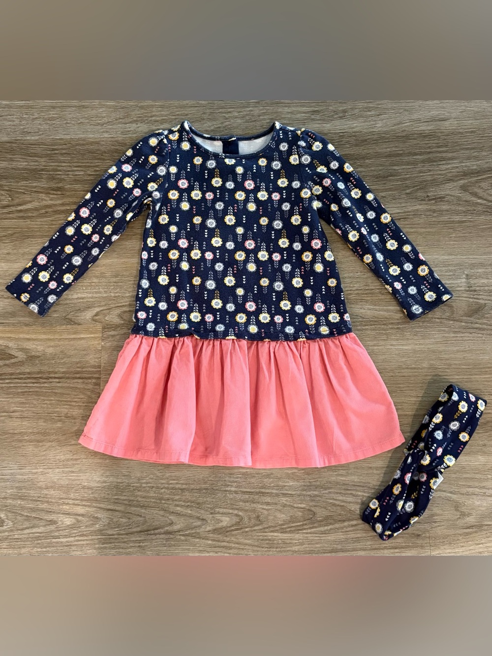 Gymboree Navy Floral Bodice Dress with Coral Pink Corduroy Skirt & Headband 3T
